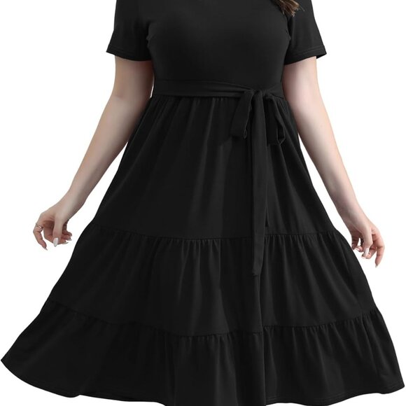 Plus Size Floral Dress V-Neck Belted Midi Pockets Casual Elegant - Picture 1 of 6